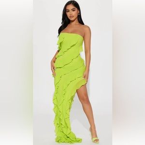 Chartreuse strapless ruffle dress